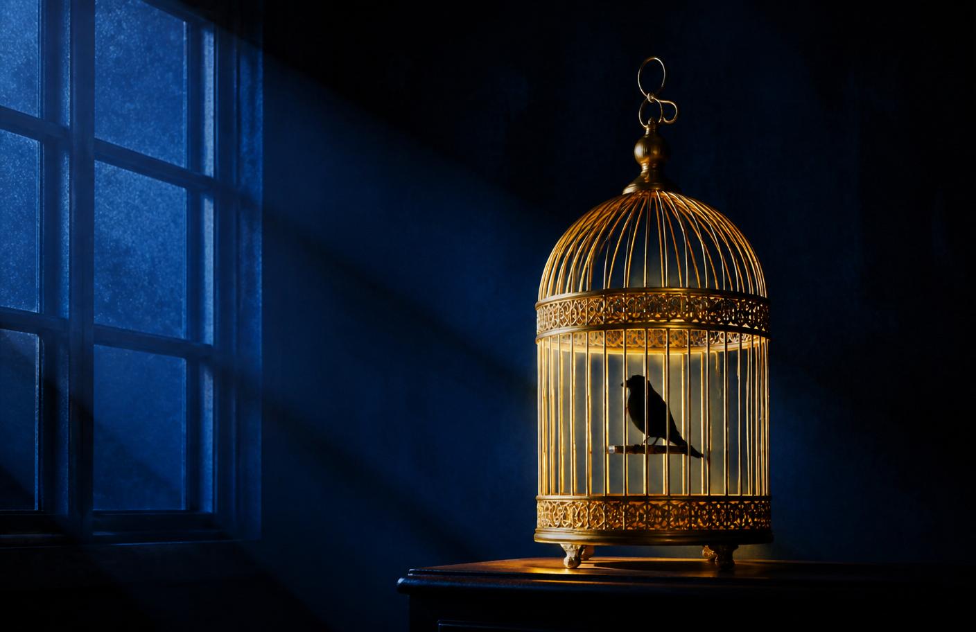 A silhouette bird in a golden cage against deep blue window light