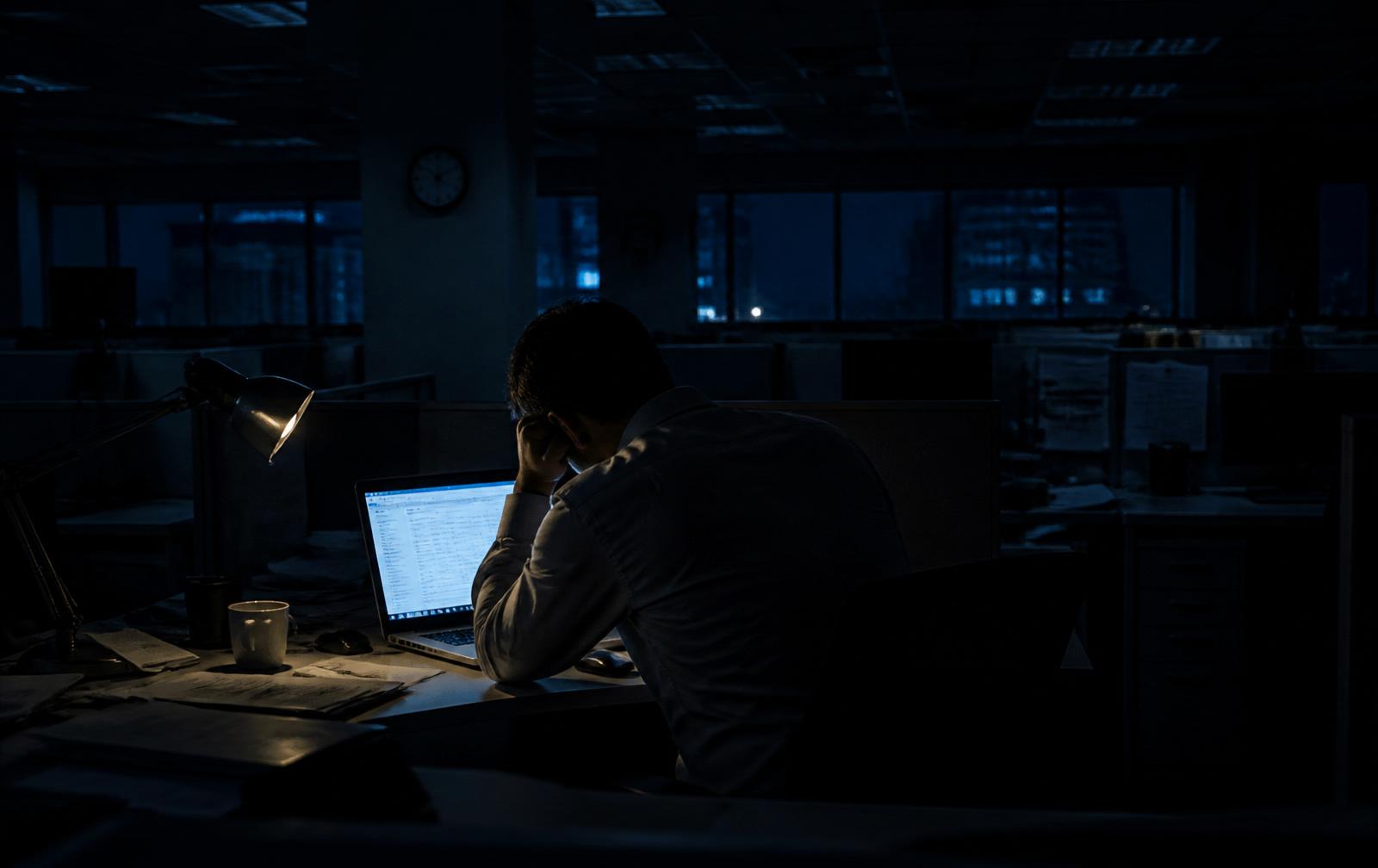 A tired corporate worker at 2 AM in a dark office