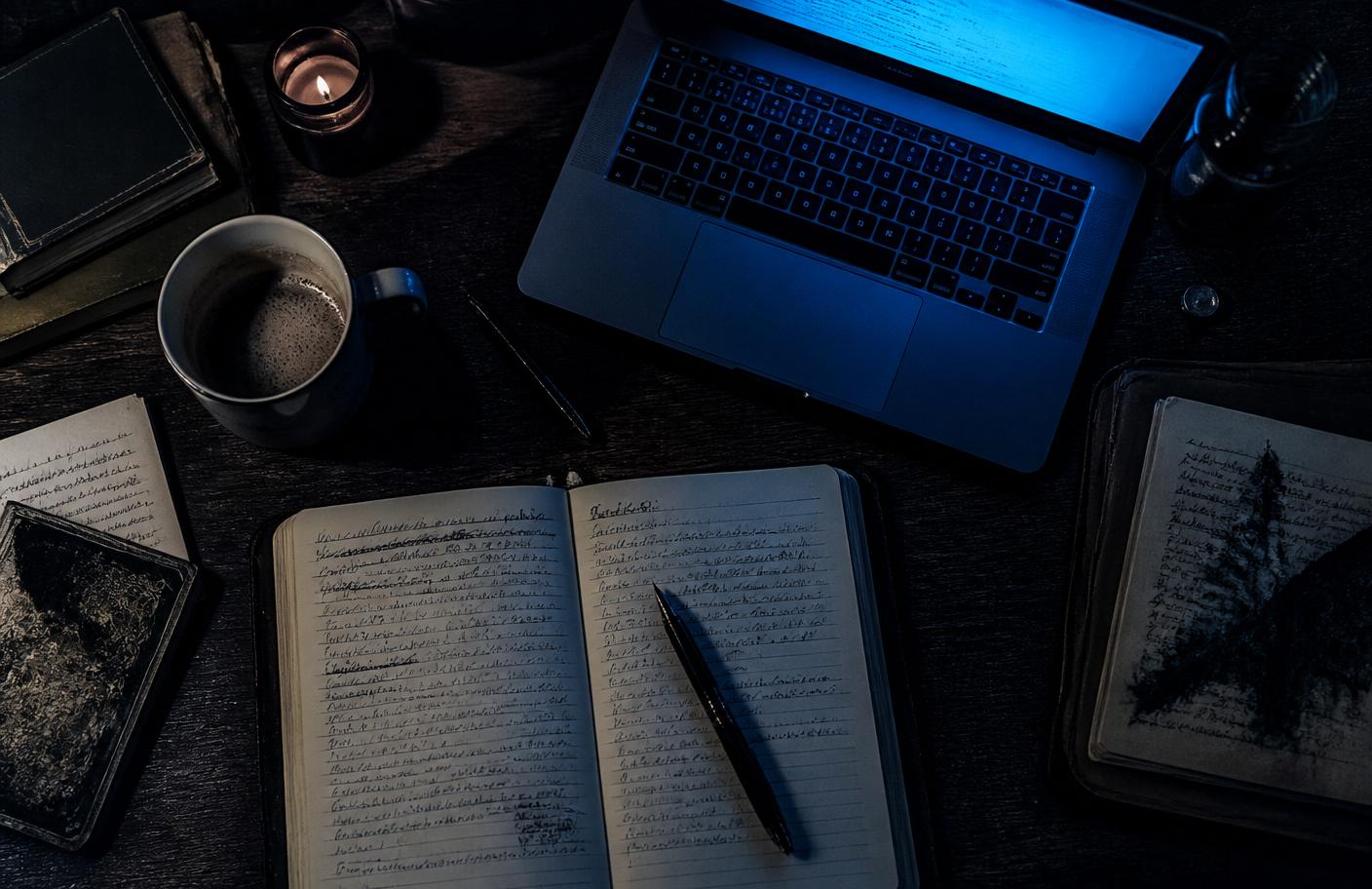 A writer's desk with cold coffee, notebook and laptop at night